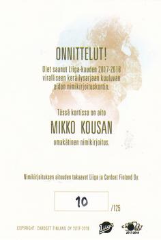 2017-18 Cardset Finland - Signature (Series One) #NNO Mikko Kousa Back
