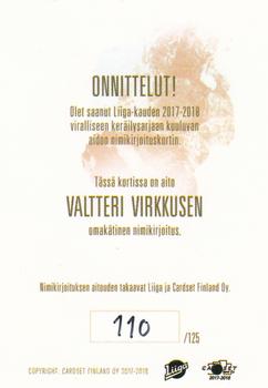 2017-18 Cardset Finland - Signature (Series One) #NNO Valtteri Virkkunen Back