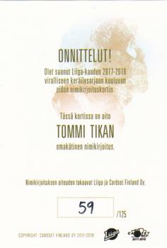 2017-18 Cardset Finland - Signature (Series One) #NNO Tommi Tikka Back