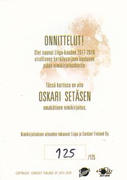 2017-18 Cardset Finland - Signature (Series One) #NNO Oskari Setänen Back