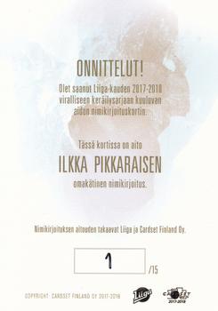 2017-18 Cardset Finland - Ultra Rare Signature (Series One) #NNO Ilkka Pikkarainen Back