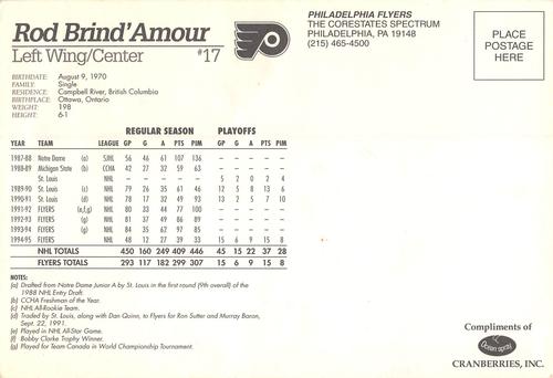 1996-97 Ocean Spray Philadelphia Flyers Postcards #NNO Rod Brind'Amour Back