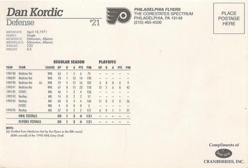1996-97 Ocean Spray Philadelphia Flyers Postcards #NNO Dan Kordic Back