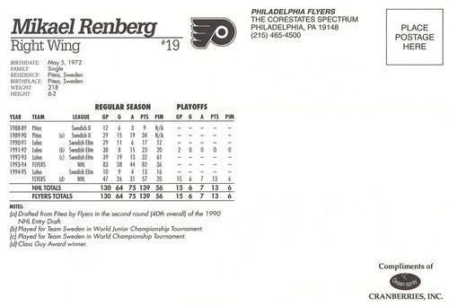 1996-97 Ocean Spray Philadelphia Flyers Postcards #NNO Mikael Renberg Back