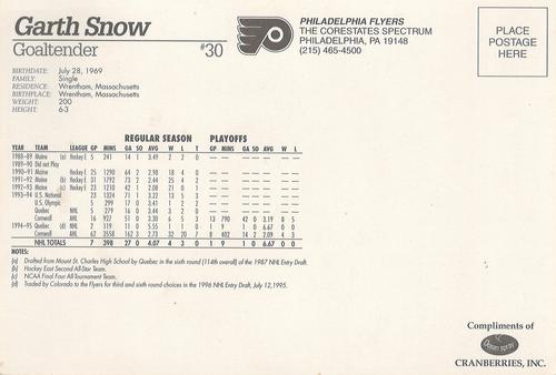 1996-97 Ocean Spray Philadelphia Flyers Postcards #NNO Garth Snow Back