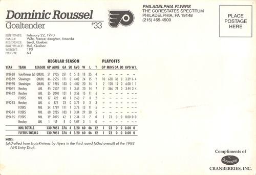 1996-97 Ocean Spray Philadelphia Flyers Postcards #NNO Dominic Roussel Back