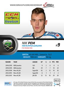 2015-16 Playercards Premium (EBEL) #EBEL-175 Nik Pem Back
