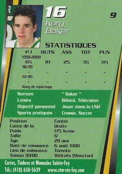 2000-01 Cartes, Timbres et Monnaies Sainte-Foy Val D'Or Foreurs (QMJHL) #9 Kory Baker Back
