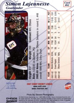 2002-03 Choice Peoria Rivermen (ECHL) #02 Simon Lajeunesse Back