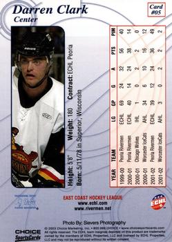 2002-03 Choice Peoria Rivermen (ECHL) #05 Darren Clark Back