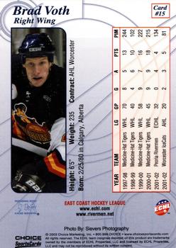 2002-03 Choice Peoria Rivermen (ECHL) #15 Brad Voth Back