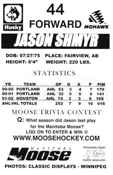2002-03 Husky/Mohawk Manitoba Moose (AHL) #26 Jason Shmyr Back