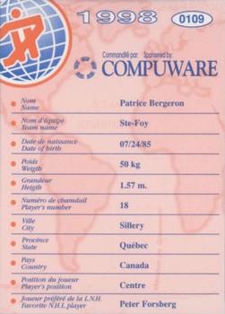 1998 Quebec International Pee-Wee Tournament #0109 Patrice Bergeron Back