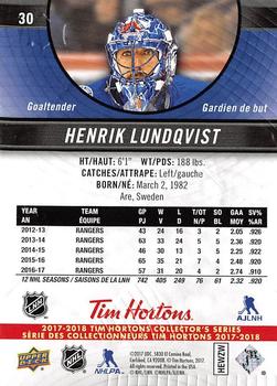 2017-18 Upper Deck Tim Hortons #30 Henrik Lundqvist Back