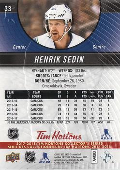 2017-18 Upper Deck Tim Hortons #33 Henrik Sedin Back