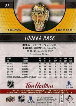 2017-18 Upper Deck Tim Hortons #83 Tuukka Rask Back