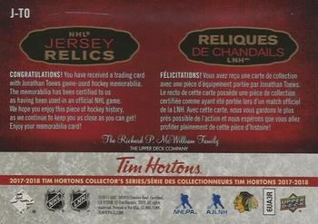2017-18 Upper Deck Tim Hortons - NHL Jersey Relics #J-TO Jonathan Toews Back