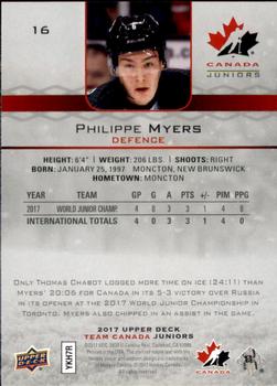 2017 Upper Deck Team Canada Juniors #16 Philippe Myers Back