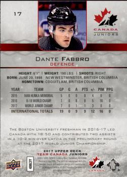 2017 Upper Deck Team Canada Juniors #17 Dante Fabbro Back
