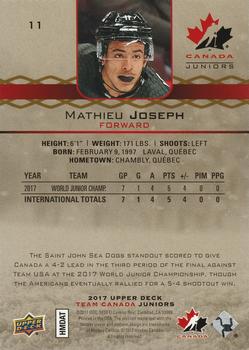 2017 Upper Deck Team Canada Juniors - Red Exclusives #11 Mathieu Joseph Back