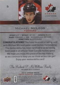 2017 Upper Deck Team Canada Juniors - Canada Jerseys #5 Michael McLeod Back