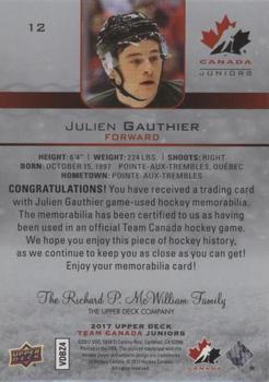 2017 Upper Deck Team Canada Juniors - Canada Jerseys #12 Julien Gauthier Back