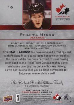 2017 Upper Deck Team Canada Juniors - Canada Jerseys #16 Philippe Myers Back