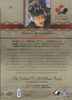2017 Upper Deck Team Canada Juniors - Premium Materials Autographs #3 Noah Juulsen Back