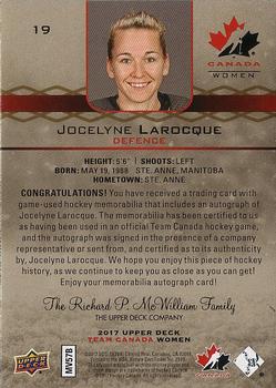 2017 Upper Deck Team Canada Juniors - Premium Materials Autographs #19 Jocelyne Larocque Back