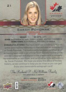 2017 Upper Deck Team Canada Juniors - Premium Materials Autographs #21 Sarah Potomak Back