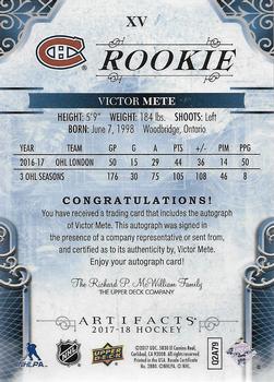 2017-18 Upper Deck Artifacts - Rookie Autographs #XV Victor Mete Back