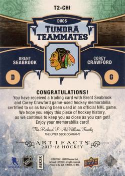2017-18 Upper Deck Artifacts - Tundra Teammates Duos Green #T2-CHI Brent Seabrook / Corey Crawford Back
