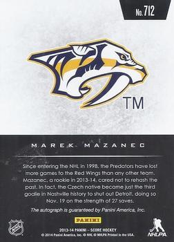 2013-14 Panini Rookie Anthology - 2013-14 Score Update: Hot Rookies Signatures #712 Marek Mazanec Back