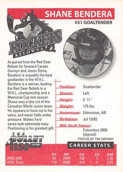 2001-02 Kelowna Rockets (WHL) #NNO Shane Bendera Back