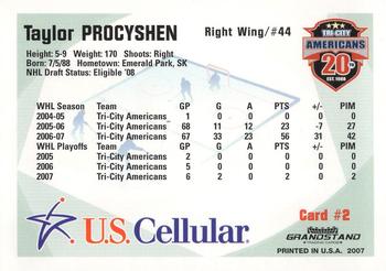 2007-08 Grandstand US Celluar Tri-City Americans (WHL) #2 Taylor Procyshen Back