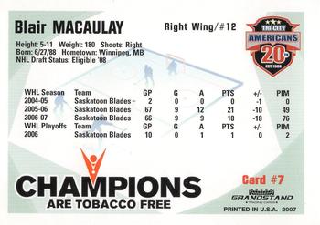 2007-08 Grandstand US Celluar Tri-City Americans (WHL) #7 Blair Macaulay Back