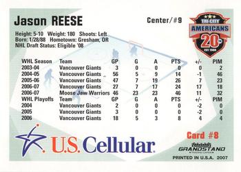 2007-08 Grandstand US Celluar Tri-City Americans (WHL) #8 Jason Reese Back