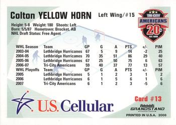 2007-08 Grandstand US Celluar Tri-City Americans (WHL) #13 Colton Yellow Horn Back