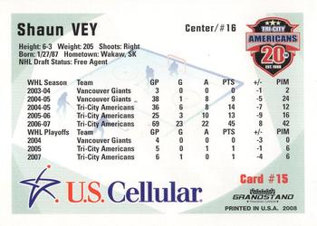 2007-08 Grandstand US Celluar Tri-City Americans (WHL) #15 Shaun Vey Back