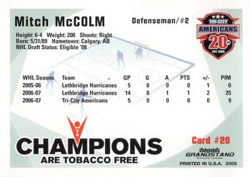 2007-08 Grandstand US Celluar Tri-City Americans (WHL) #20 Mitch McColm Back