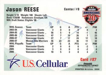 2007-08 Grandstand US Celluar Tri-City Americans (WHL) #27 Jason Reese Back