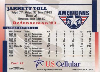 2009-10 Grandstand Tri-City Americans (WHL) #2 Jarrett Toll Back