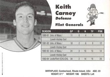 1994-95 Flint Generals (CoHL) #NNO Keith Carney Back