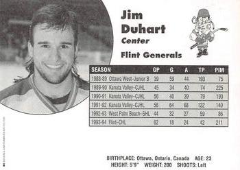 1994-95 Flint Generals (CoHL) #NNO Jim Duhart Back
