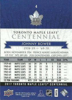 2017 Upper Deck Toronto Maple Leafs Centennial #4 Johnny Bower Back