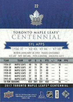 2017 Upper Deck Toronto Maple Leafs Centennial #22 Syl Apps Back