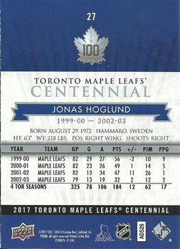 2017 Upper Deck Toronto Maple Leafs Centennial #27 Jonas Hoglund Back