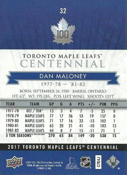 2017 Upper Deck Toronto Maple Leafs Centennial #32 Dan Maloney Back