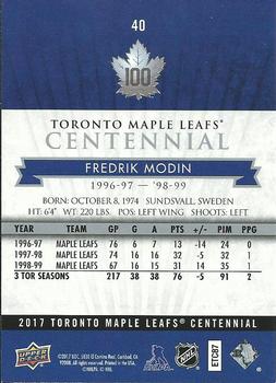 2017 Upper Deck Toronto Maple Leafs Centennial #40 Fredrik Modin Back