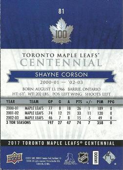 2017 Upper Deck Toronto Maple Leafs Centennial #81 Shayne Corson Back